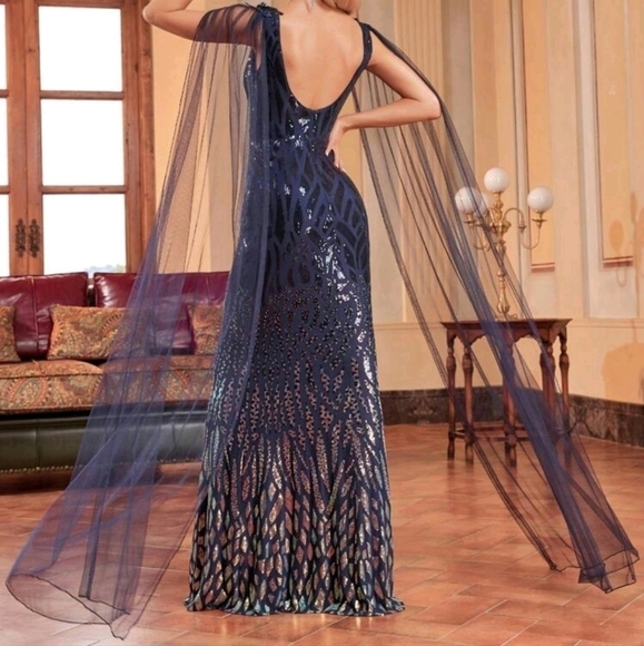 NavyBlue, Boat Neck, Long Cloak,  Sequined/ Mesh Merm… - Picture 4 of 16